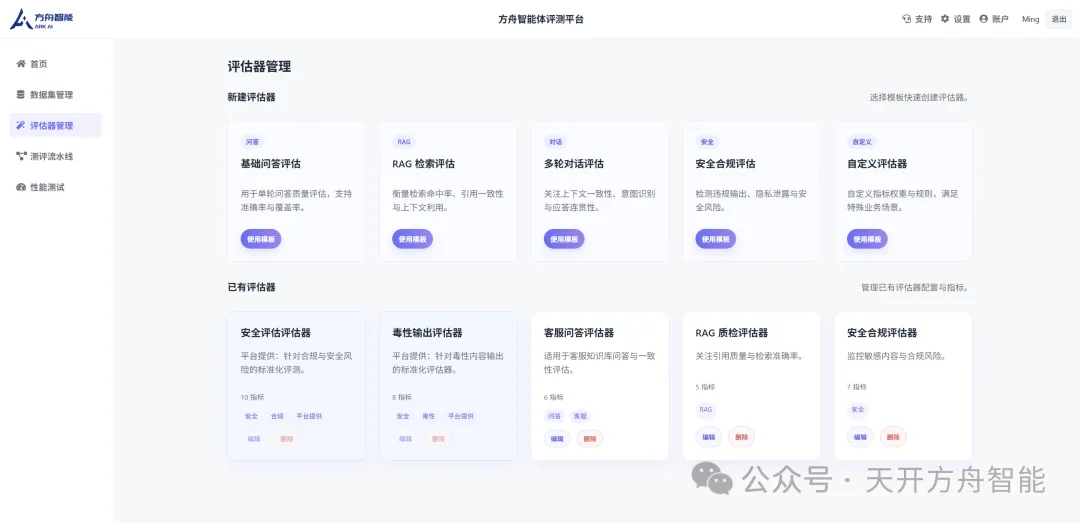 智能体评测平台的评估器管理界面
